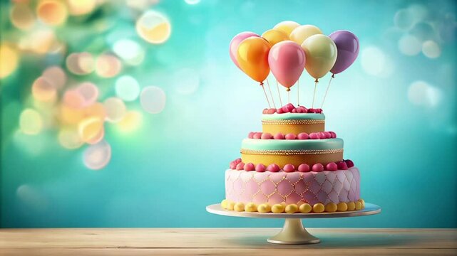 luxury  colorful cake with balloons on festive blurred  background,  Party or birthday celebration. Copy space, slow moving video..