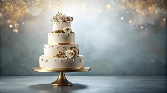 festive cake on blurred glitter background,  Copy space, slow mooving video.
