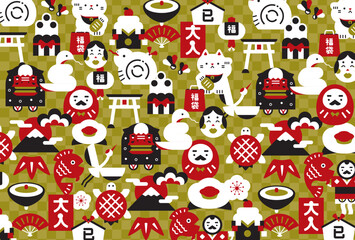 2025年巳年の縁起物の和柄パターンがかわいい和風ポップな年賀状背景_金・ゴールド系横向き