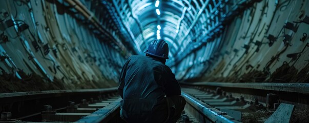 Engineer inspecting underground tunnel construction progress.