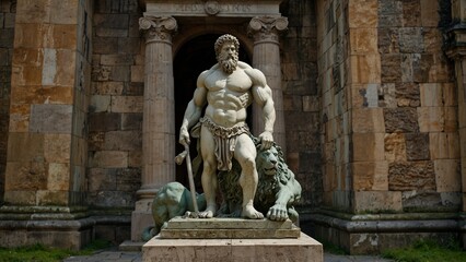 Obraz premium A statue of Hercules standing on a defeated lion, holding a large club, with a background of ancient walls covered in moss.