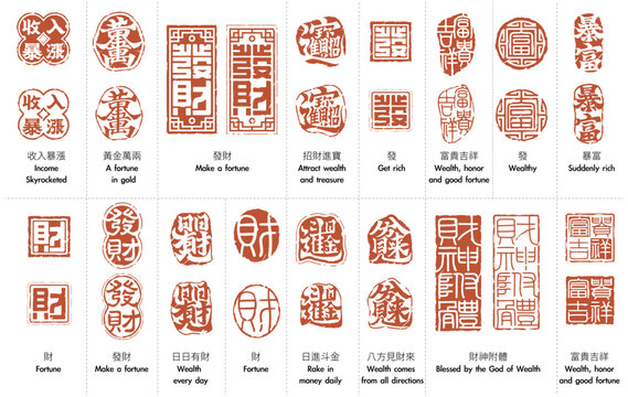 Traditional Style Seal Stamps with Chinese Characters for Get Rich,Wealth, Honor and Good Fortune set