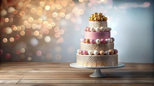 luxury  golden-pink cake on festive blurred  background,  Party or birthday celebration. Copy space, slow moving video.