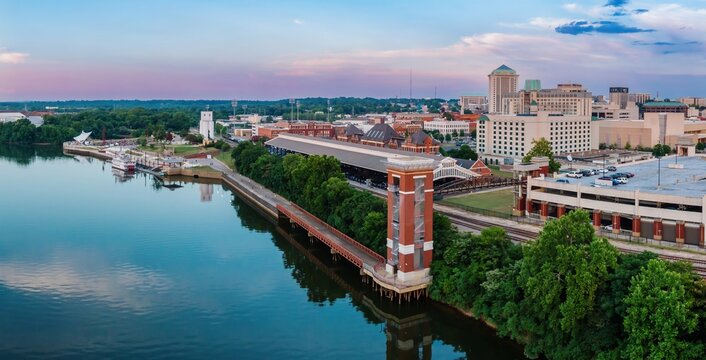 Gun Island Chute and Downtown cityscape of Montgomery, Alabama, United States.
