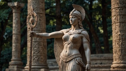 A stone statue of Athena holding a shield and spear, with intricate lifelike details, set against the backdrop of an ancient temple surrounded by dense trees.