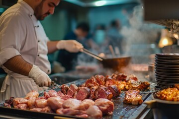 A chef skillfully prepares delicious meats in a bustling kitchen. The scene is filled with steam and warm colors. Enjoy the artistry of culinary creation. Generative AI