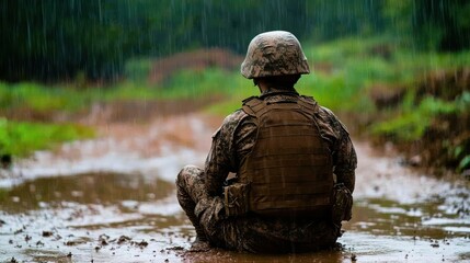 Naklejka premium Soldier in Rain.