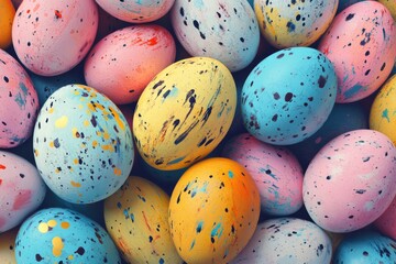 Hand painted Easter eggs on colorful pastel background.