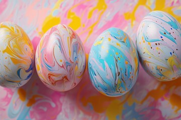 Fototapeta premium Hand painted Easter eggs on colorful pastel background.