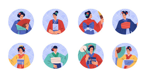Fototapeta premium Japanese kimono women set vector illustration