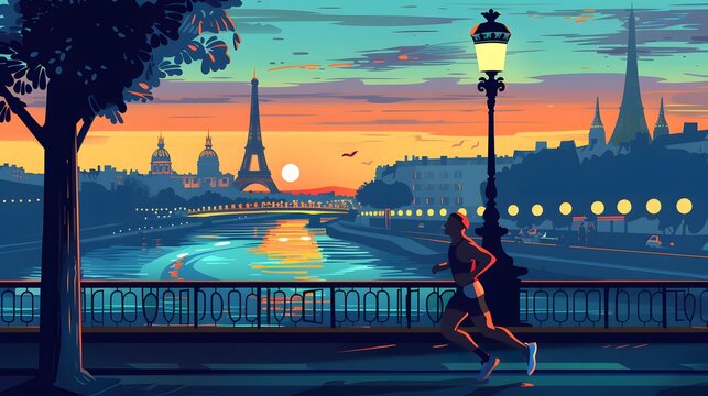 A marathoner running along the Seine, with Parisian landmarks in the distance, illustrated in vibrant vector style.