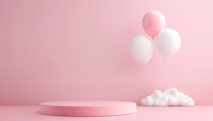 3d Mock up Pink pastel podium with soft clouds and balloon elements Pedestal stage for baby product presentation Dreamy scene for advertising Sale promotion background
