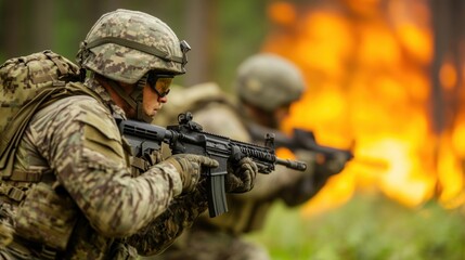 Fototapeta premium Soldier Firing Rifle.