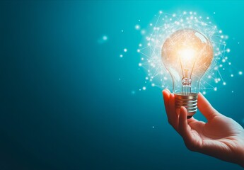 A hand holding a light bulb with a network of connected lines coming out of it
