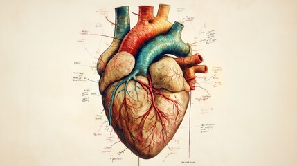 A detailed heart diagram shows valves, chambers, and blood flow paths in vibrant colors.