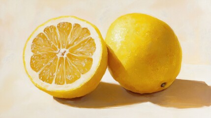 Oil painting of whole and halved white grapefruit detailed close up isolated on a light background fruit imagery
