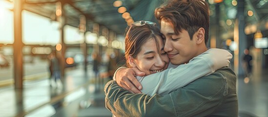 Obraz premium A young man eagerly embraces his girlfriend outside the airport building with a copy space image in view