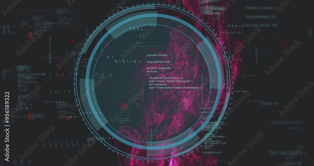 Aufkleber digital code and data processing animation over circular interface and abstract background