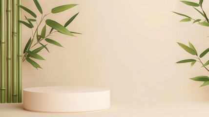 3d Mock up Soft beige podium with bamboo elements and zen garden theme Pedestal stage for wellness product presentation Tranquil scene for advertising Sale promotion background