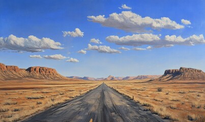 Naklejka premium Oil painting depicting a vast highway through a rugged and arid landscape showcasing unique natural features of a remote region