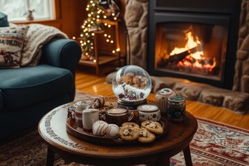 A cozy holiday scene featuring a warm fireplace, beautifully decorated with a Christmas tree. Enjoy some delicious cookies and hot drinks with loved ones. Generative AI