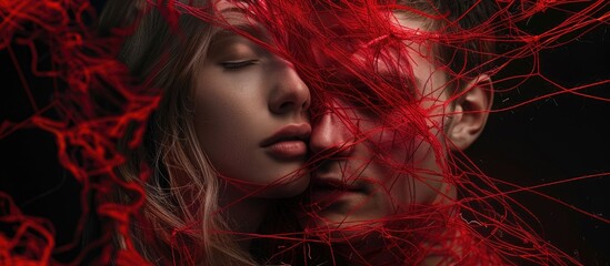 A young couple encased in red threads symbolizes connection and togetherness perfect for a copy space image