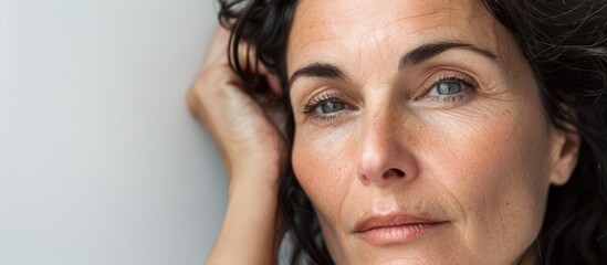 Middle aged elegant brunette model with cosmetic focus gazing at the camera on a white backdrop Emphasizes skincare cosmetology and facial treatments Ideal for copy space image