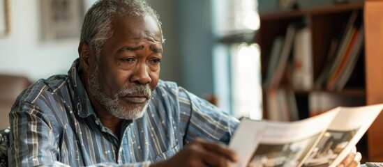 African American senior man looking at a photo in his office workspace with copy space image on his desk at his new job