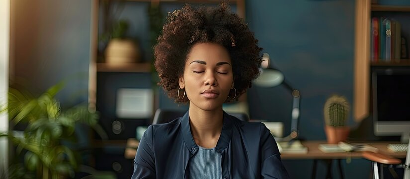 A businesswoman peacefully meditates with closed eyes at the office desk creating a serene atmosphere Copy space image available