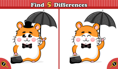 Find 5 differences game for children - cute gentleman hamster character with umbrella, animal themed printable activity for kids