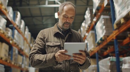 warehouse worker manages inventory with digital tablet
