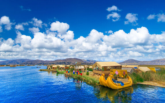 Titicaca lake . Totora boat on the Titicaca lake near Puno, Peru.
