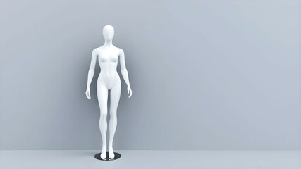 A white female mannequin stands straight on gray background with copy space.	