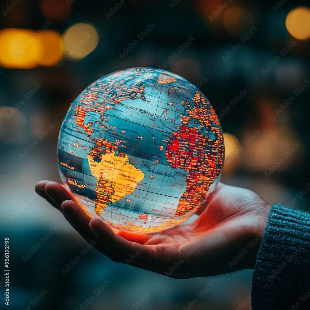 Sticker A hand holding a glass globe with a blurred city background.