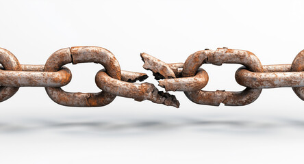A close-up of a rusty metal chain with a broken link, symbolizing weakness, failure, or breaking free, set against a white background