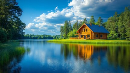 A log cabin sits on the shore of a lake surrounded by trees