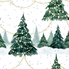 Watercolor Christmas trees decorated with lights garlands with falling snow watercolor seamless pattern on white. Winter spruce fir forest for holiday festive repeat background