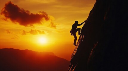 Obraz premium Silhouette of Climber Ascending a Mountain at Sunset