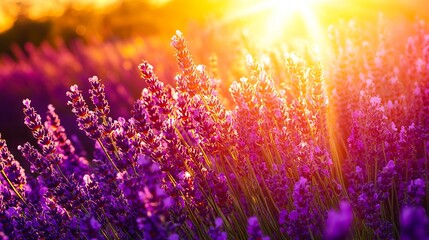 A field of lavender flowers with the sun setting in the background