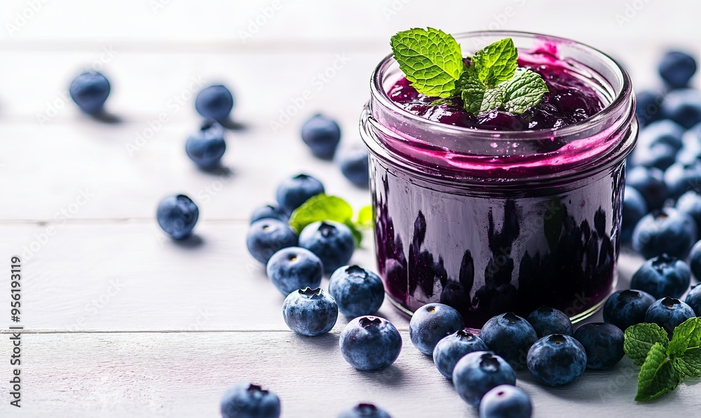 Poster A Jar of Homemade Blueberry Jam Surrounded by Fresh Blueberries and Mint on a White Wooden Surface