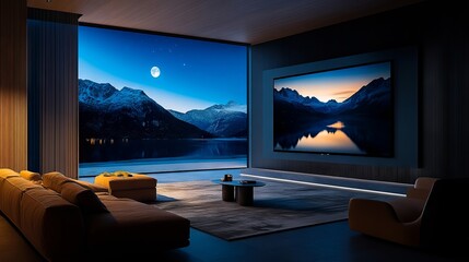 Fototapeta premium A living room with a large screen on the wall