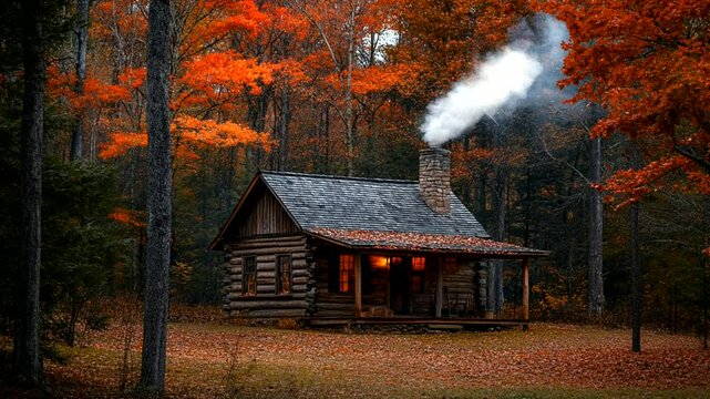 A cozy wooden cabin nestled in an autumn forest with smoke rising from the chimney, surrounded by vibrant fall foliage.  Seamless looping 4k time-lapse animation video background 
  