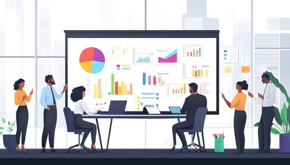 Fototapeta premium Business Professionals Analyzing Data on a Whiteboard in an Office Setting