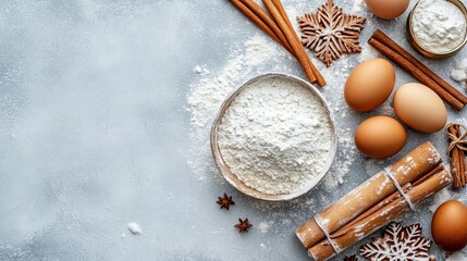 A sieve filled with flour, eggs, a rolling pin, and cinnamon sticks arranged alongside a Christmas snowflake on a table. 