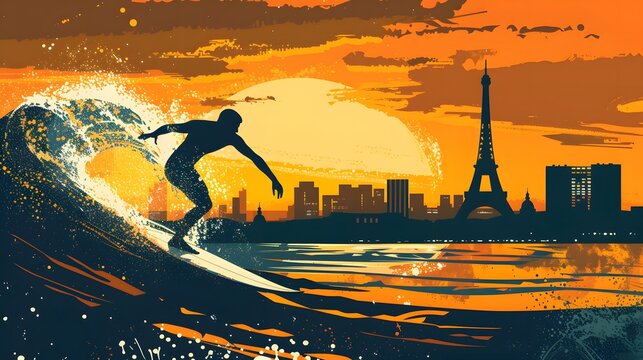 A surfer on a wave, with the Paris skyline visible, captured in sharp vector graphics.