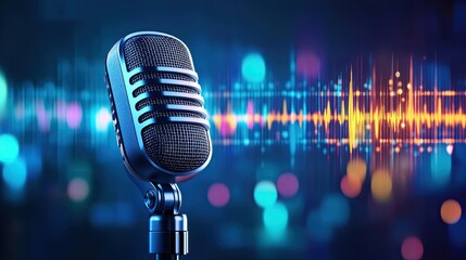 Dynamic Audio Waves: Vibrant Microphone on Modern Background for Podcasting Themes