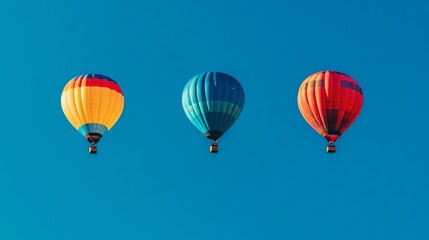 Fototapeta premium Three vibrant hot air balloons ascending into a deep blue sky.
