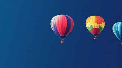 Fototapeta premium Three vibrant hot air balloons ascending into a deep blue sky.
