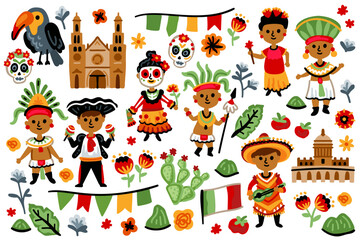 A set of Latin American elements. Symbols of Mexico. Nature, animals, characters, objects. For maps and children designs. Travel landmarks illustrations. Cartoon style. Childish artwork
