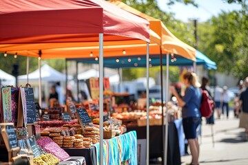 A vibrant outdoor market scene showcasing a local artisan fair in honor of Small Business Saturday.